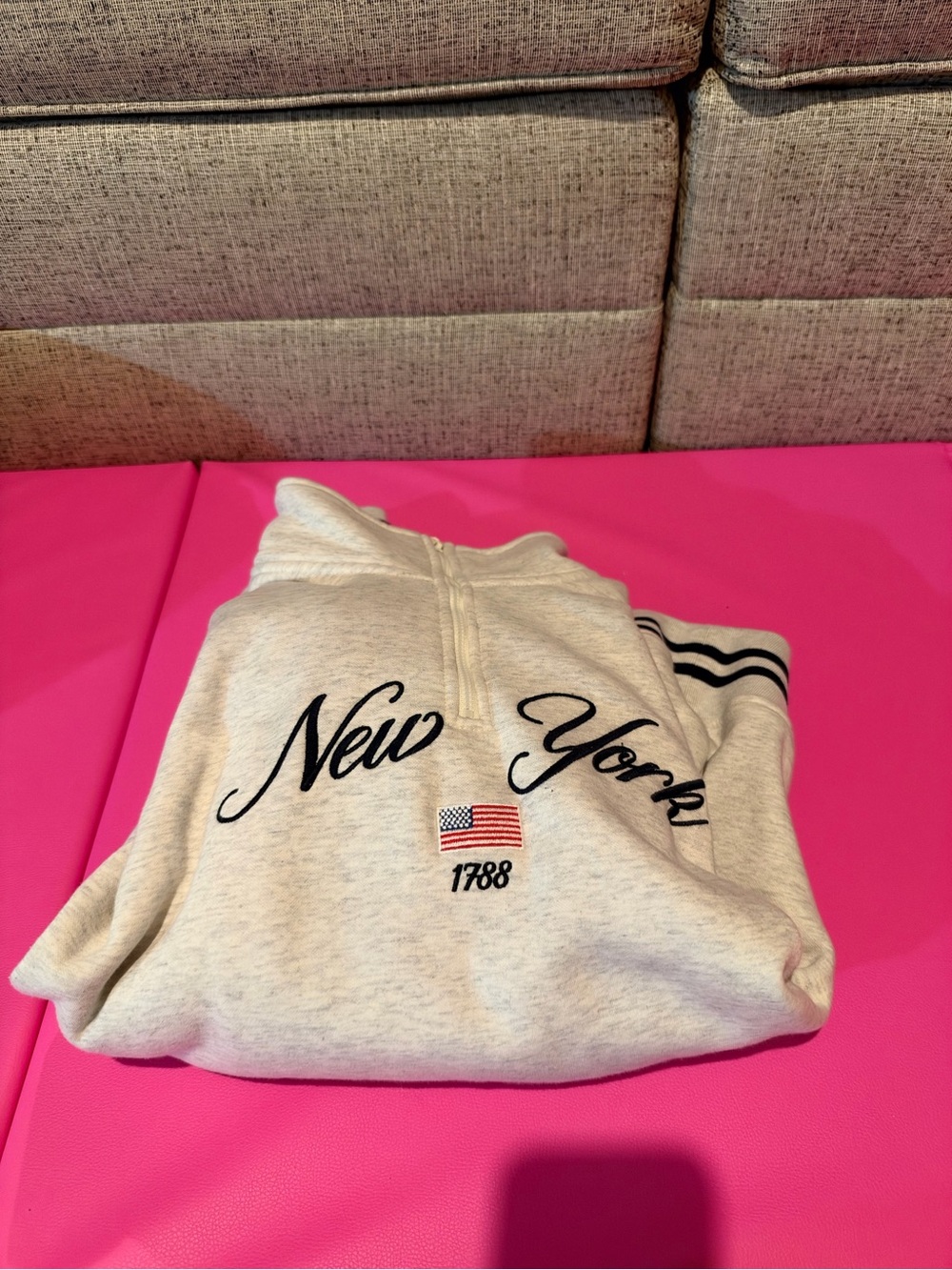 Altar'd State Cream 'New York' Quarter-Zip Sweater with Flag Embroidery
